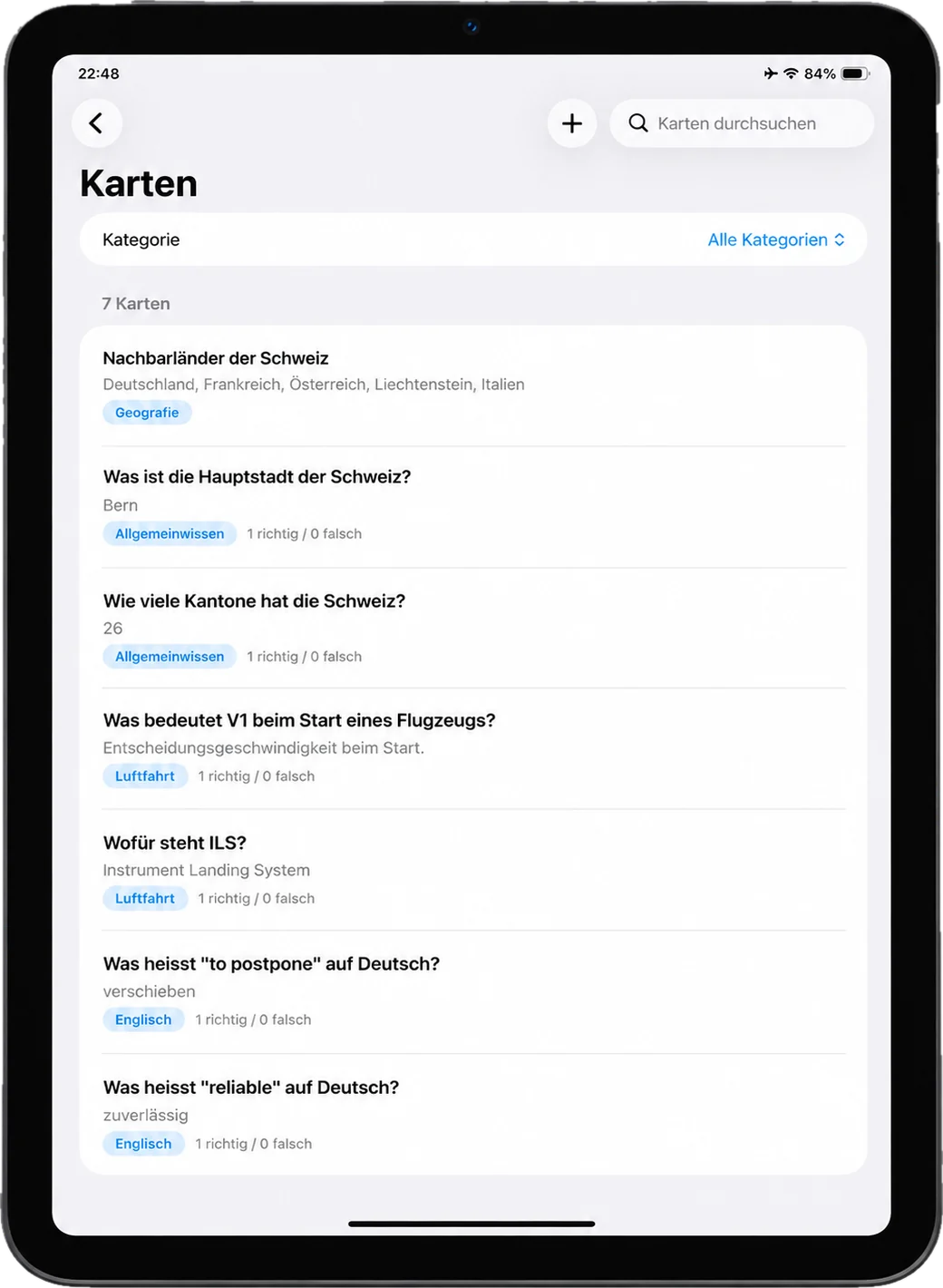 LearnFlip auf dem iPad: Kartenliste mit Kategorien und Trefferquote je Karte
